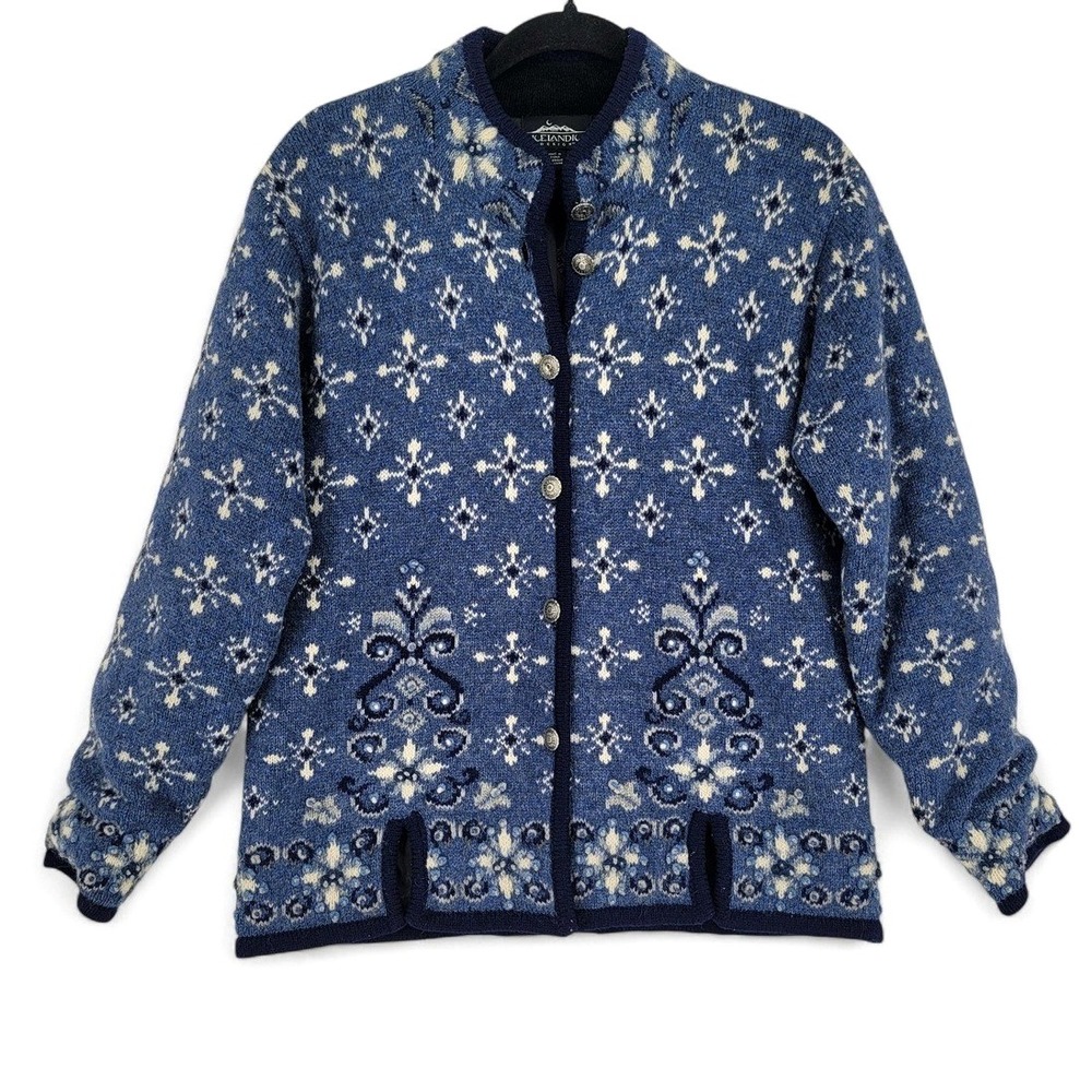 Icelandic Design Wool Jacket S Blue Nordic Fair Isle Cottagecore Snowflake